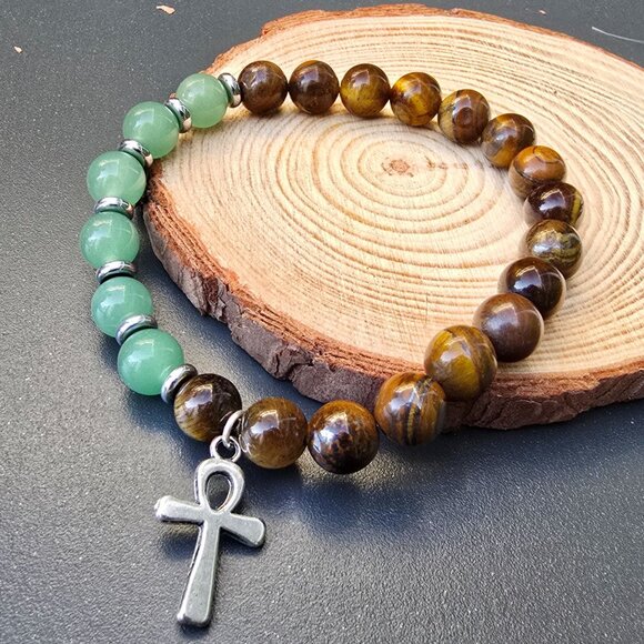 Handmade ✦ Life Eternal Bracelet ✦ Ankh Charm Tiger’s Eye Green Aventurine 8mm - Picture 4 of 7